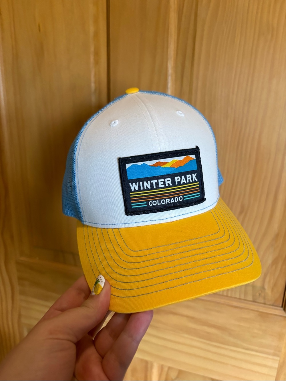 Winter Park Colorado Trucker Hat - White, Light Blue & Yellow